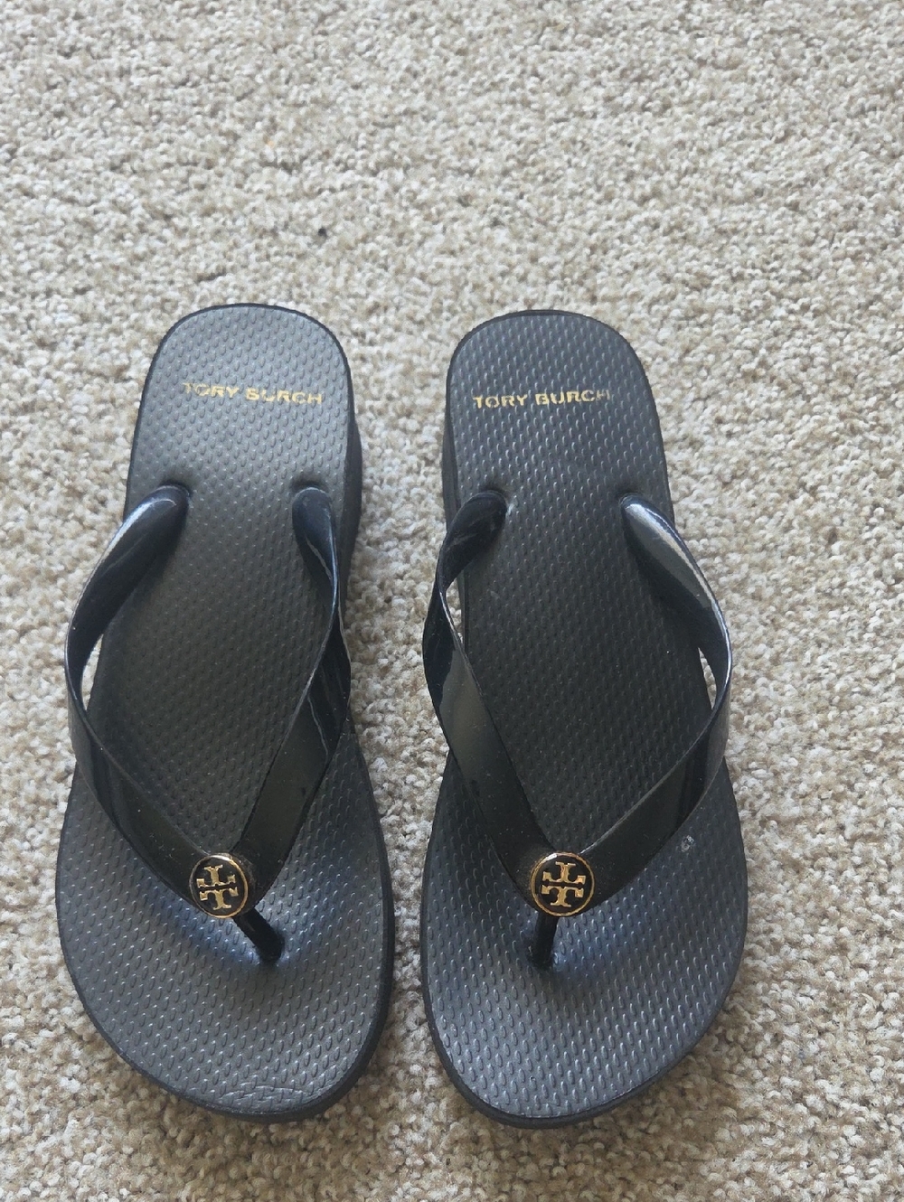 Tory Burch Black Flip Flop Sandals with Gold Logo